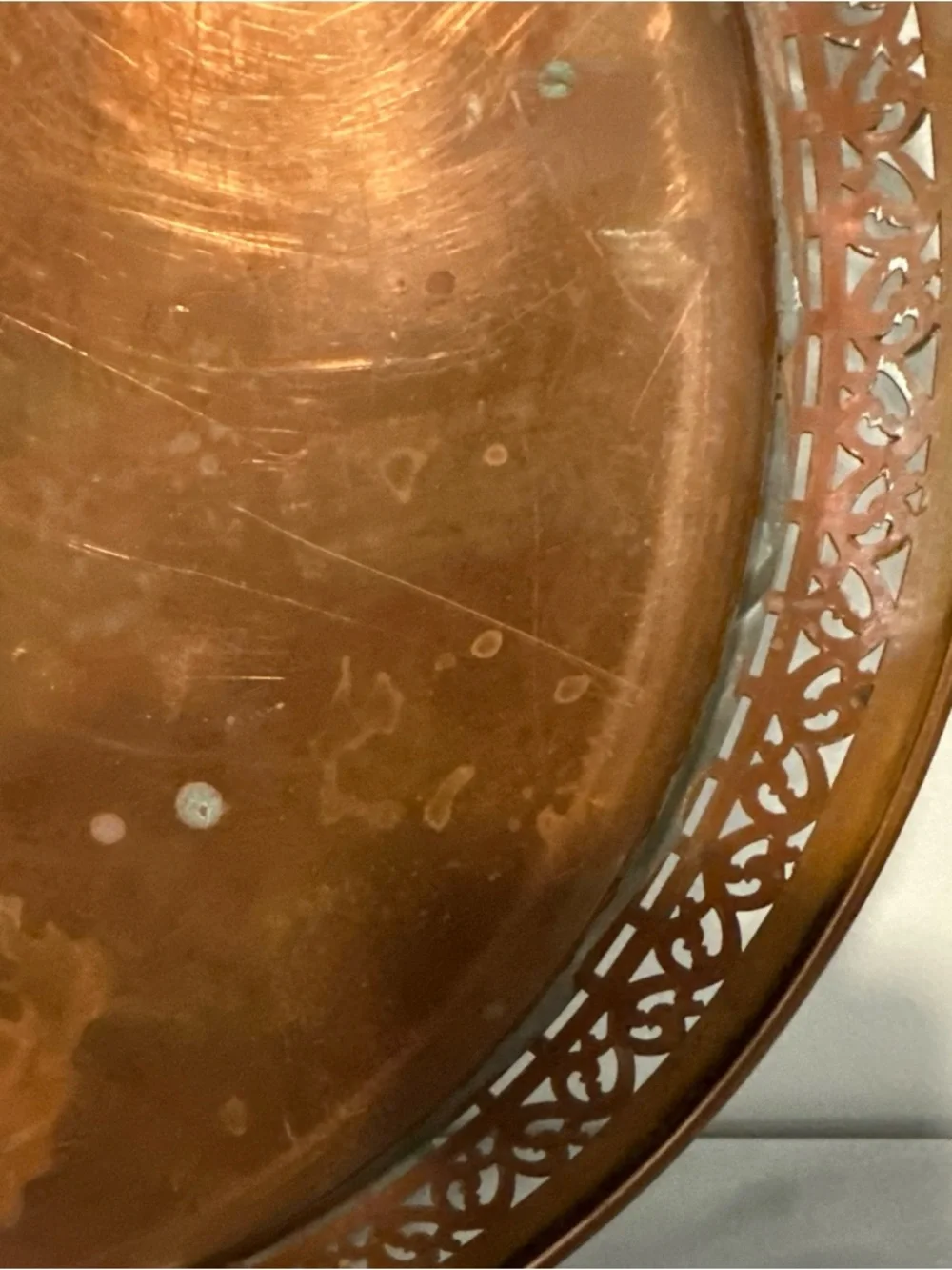 Vintage solid copper tray reticulated border 14”D